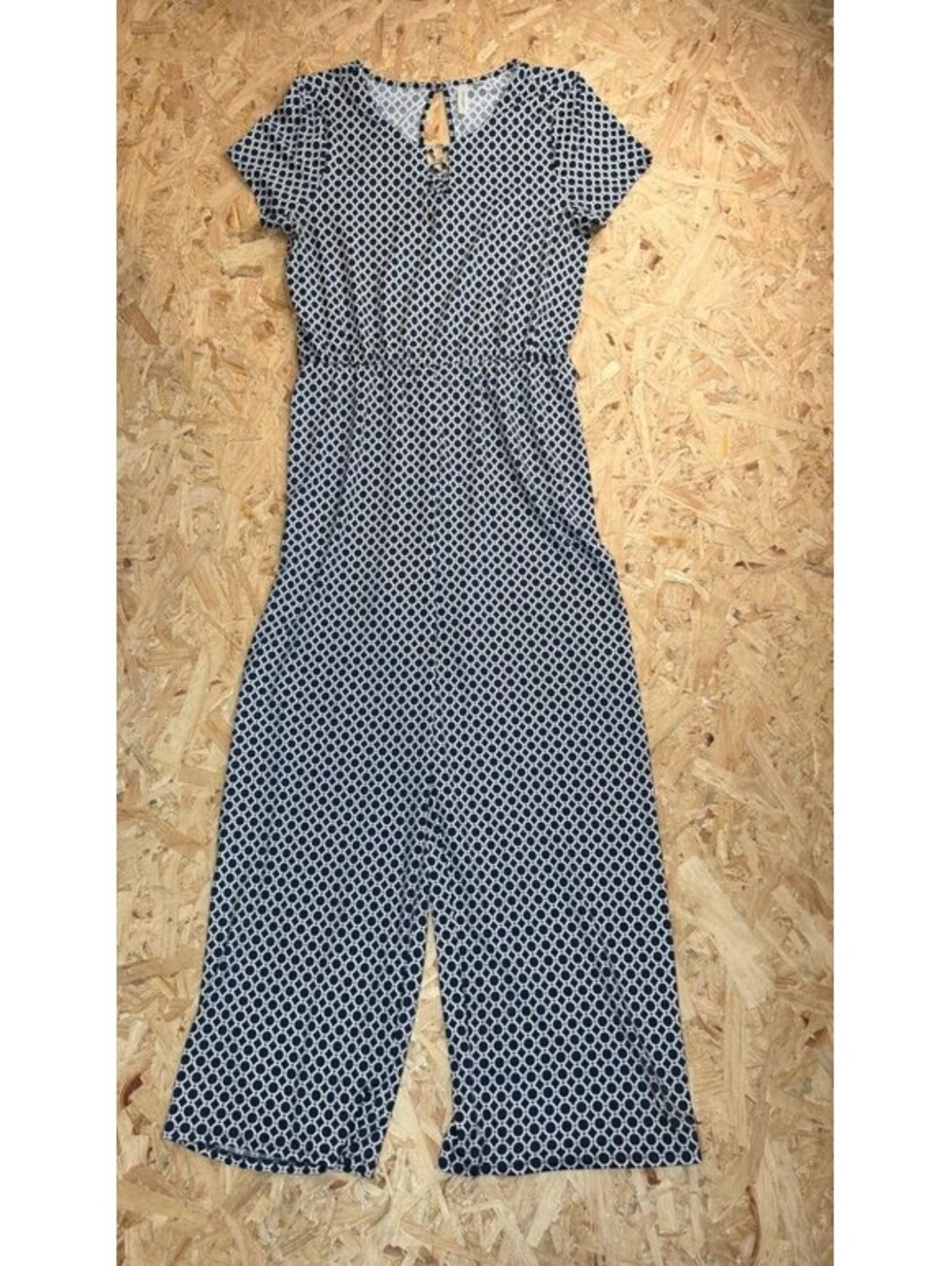 Tacera Jumpsuit Womens Large Blue White Geometric Print Short Sleeve Wide Leg